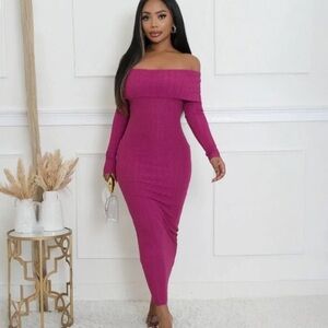Chic Off-Shoulder Fuchsia Long Sleeve Dress